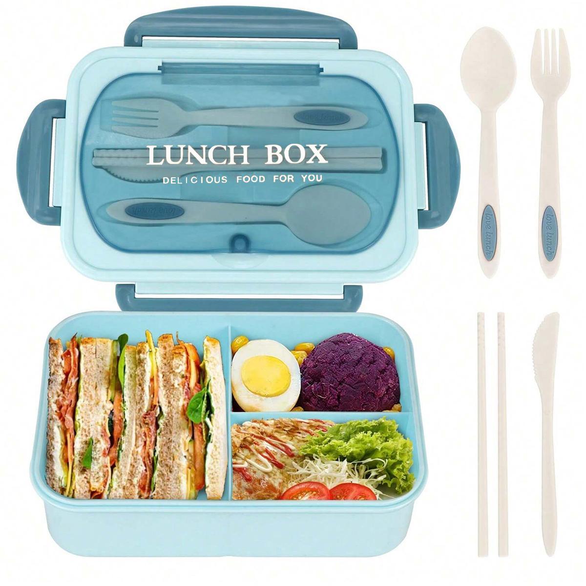 Leak-Proof Bento Box with Utensils, Microwave Safe, 3 Compartment Design, School & Work Lunchbox, Outdoor Meal Container, Safety Lock Lid