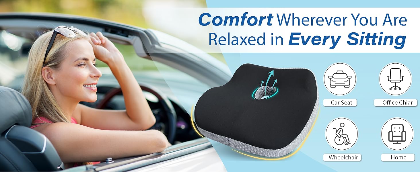 JOKG OKGCar Seat Cushion, Ergonomic Memory Foam Car Cushion for Sciatica Pain Relief, Larger Driving Seat Pillow for Short Drivers on Long Drives - Butt Pillow for Truck, Office, Wheelchair - Black&Gray