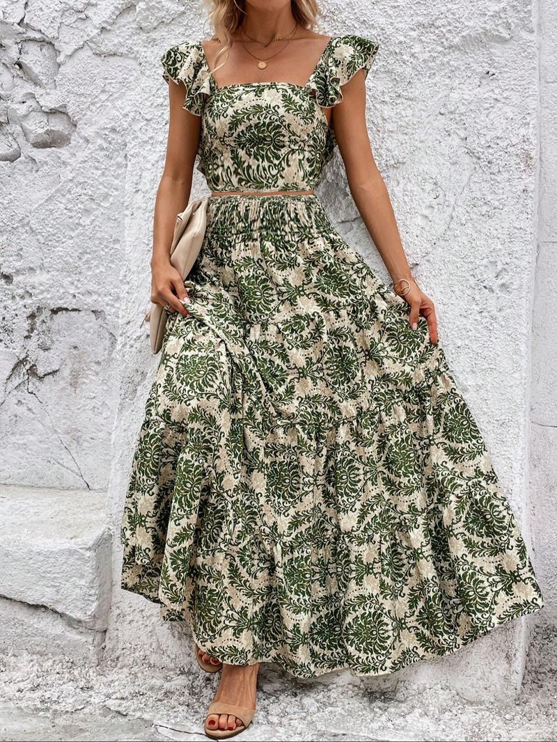 Women's All Over Print Fitted Crop Tank Top & Skirt Two-piece Set, Elegant Fashion Casual Top & Skirt for Daily Outdoor Wear, Ladies Outfits for Summer