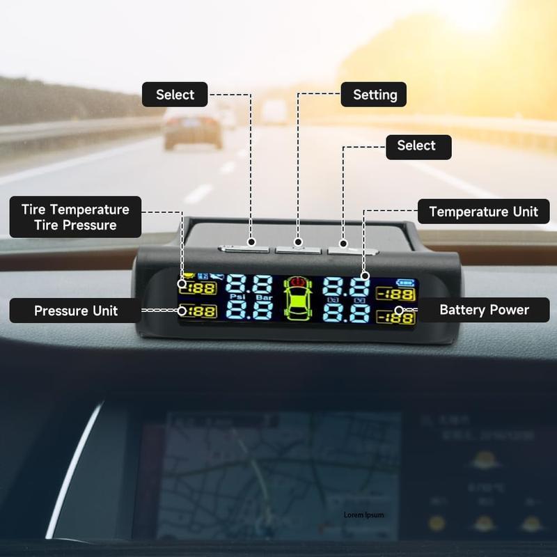 Solar Car Tire Pressure Monitoring System, Wireless TPMS with LCD Display, Real Time Tire Pressure Gauge, Replacement Valve Included