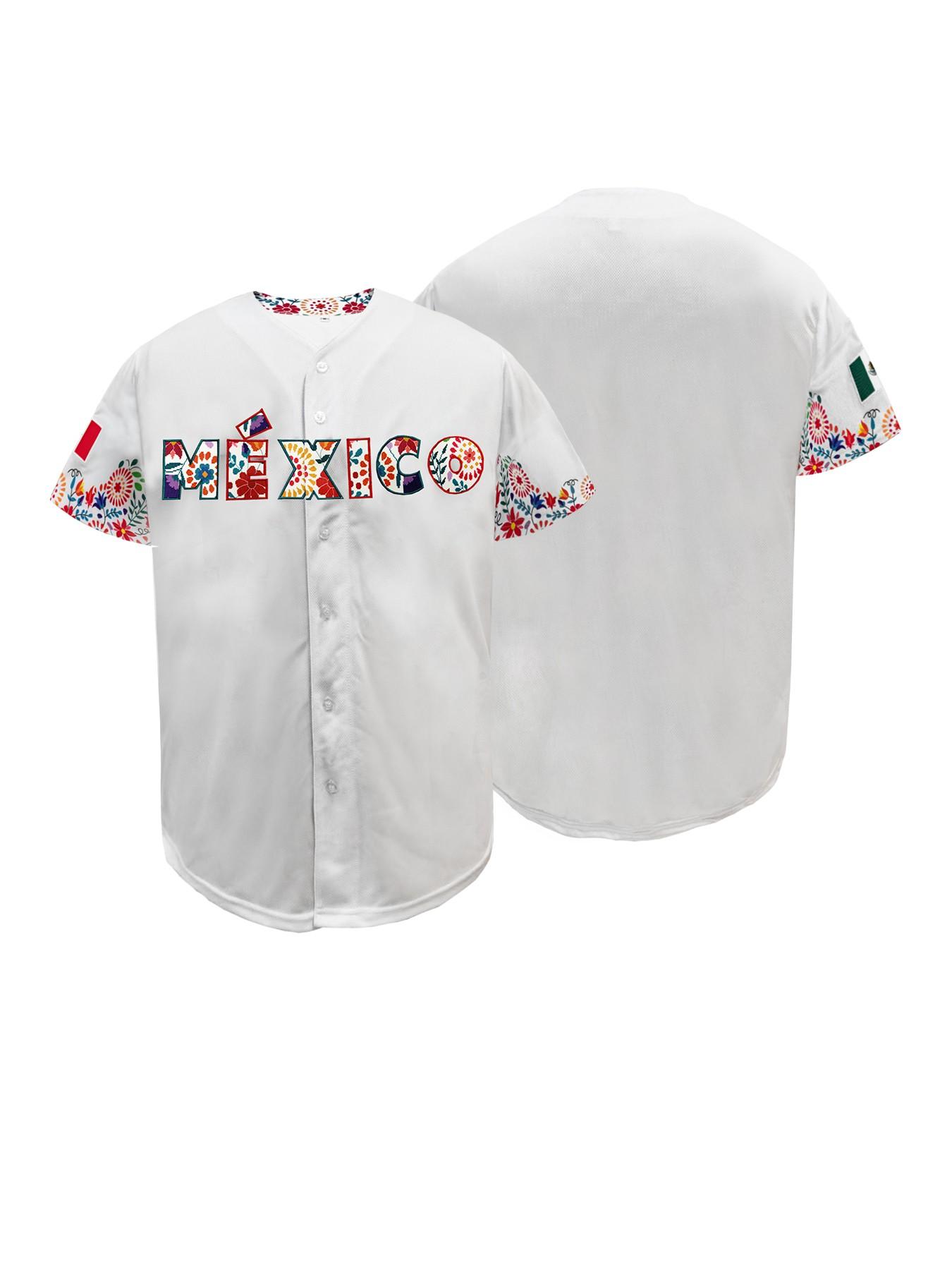 Mexico Floral Baseball Jersey, Unisex White Stitched Button-Down Uniform, Breathable Comfortable Ethnic Style Sports Shirt