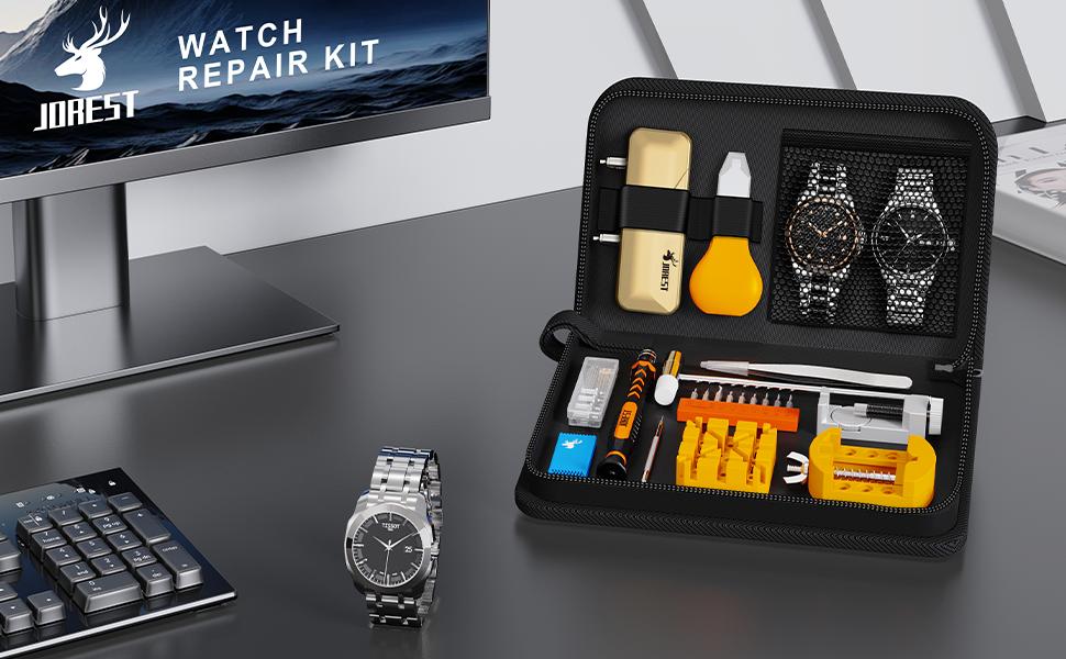JOREST Watch Repair Tool Kit, Battery Replacement & Strap Adjustment, Wrench Opening Back Cover, Case Opener, Link Remover, Bracelet Resizing, Band Pin Removal, Screwdriver, Spring Bar