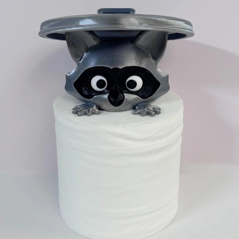 3D Printed Raccoon Toilet Paper Holder in Plastic, Whimsical Cartoon Design with Dustproof Lid, Standalone Bathroom Decor for Humor Lovers