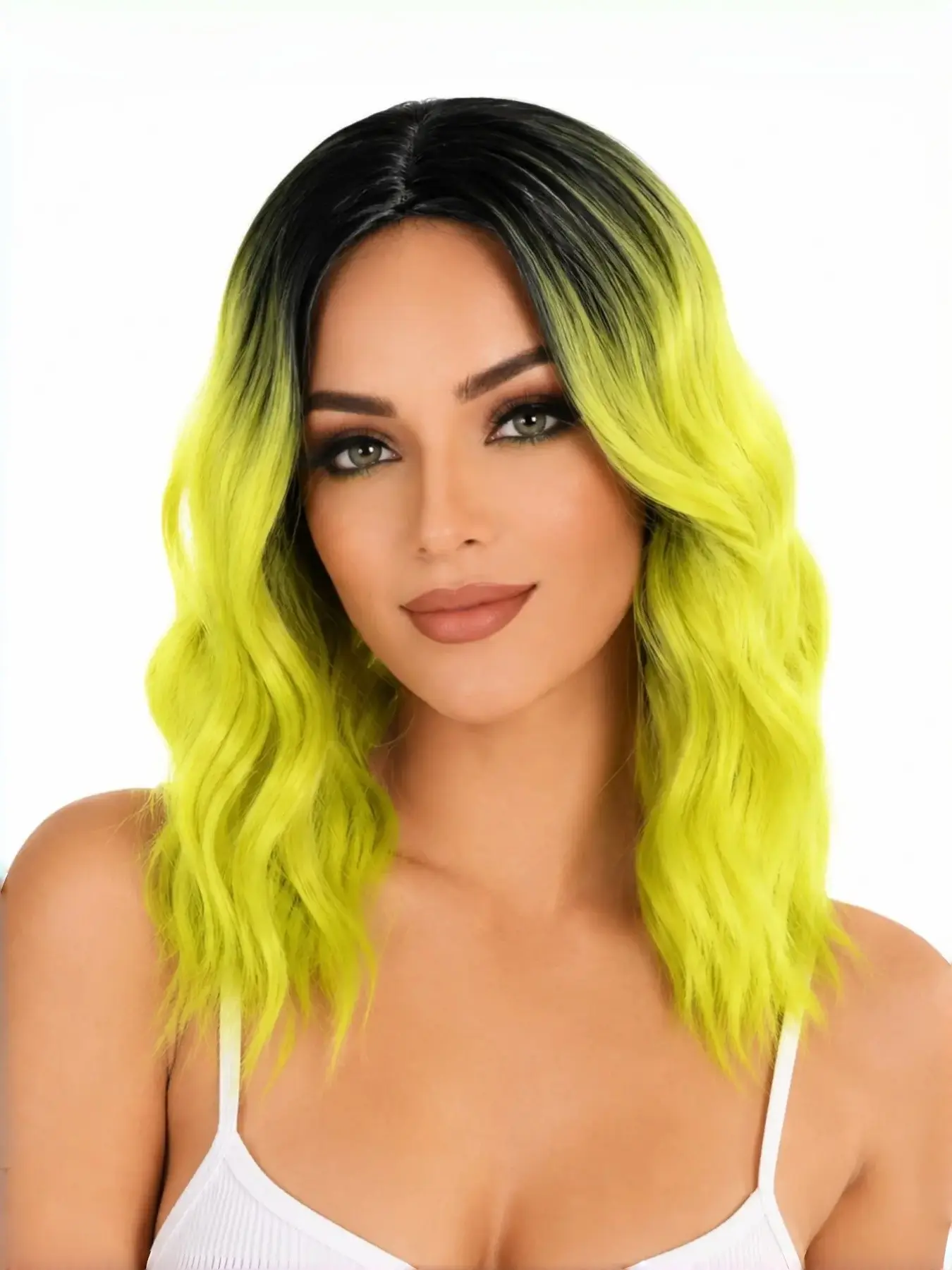 Black Root to Neon Green Wave Wig,Alternative Wig Y2K Wig - Heat Resistant Synthetic Medium Length Wavy Wig for Women, Trendy Two-Tone Colorful Party Festival Wig Halloween Wig