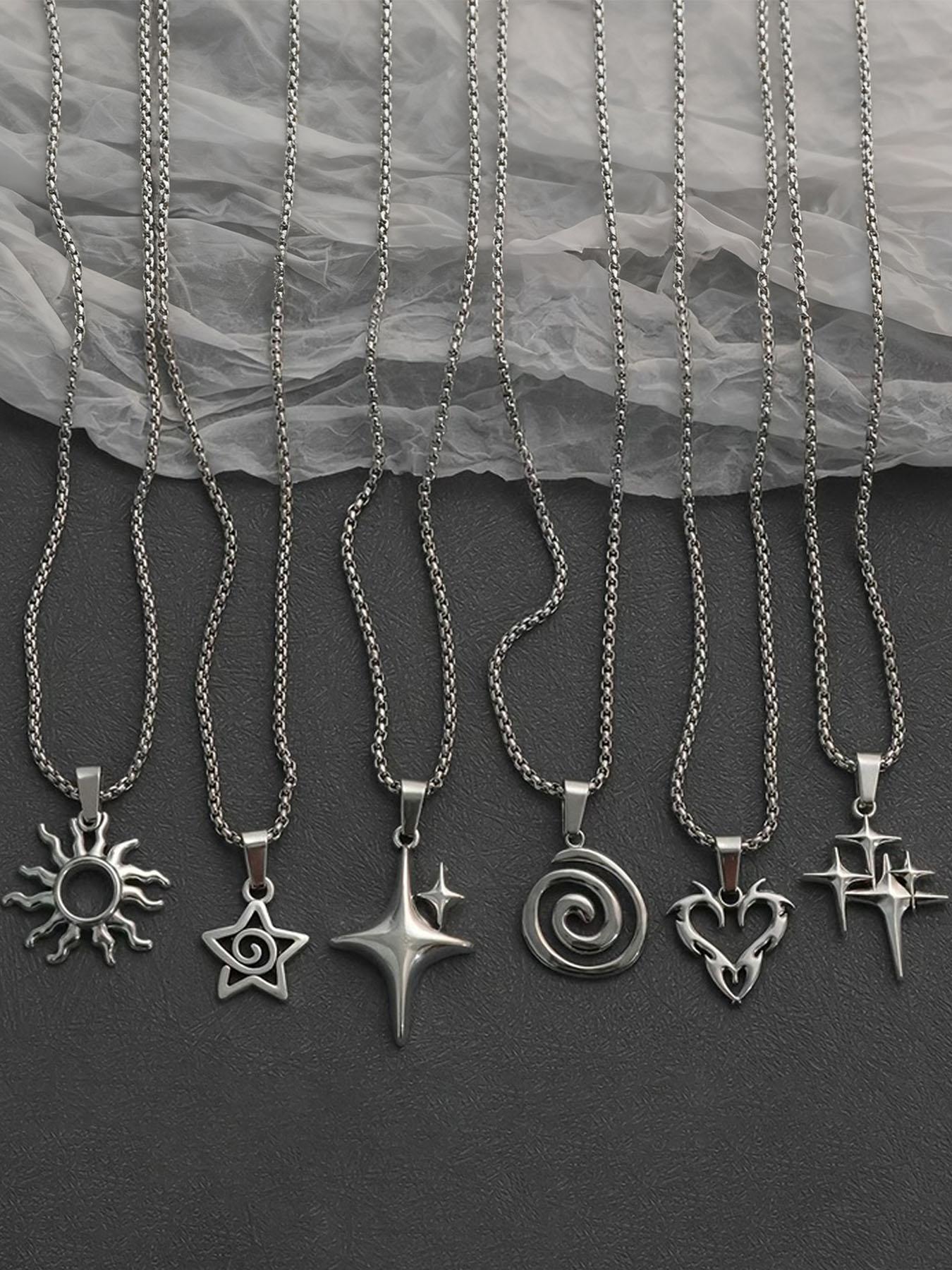 6 Piece Set Y2K Flame Heart Star Spiral Sun Pendant Necklace, Stainless Steel Chain, Punk Simple Unisex Couple Jewelry for Daily Party, Fashionable Jewelry Accessories