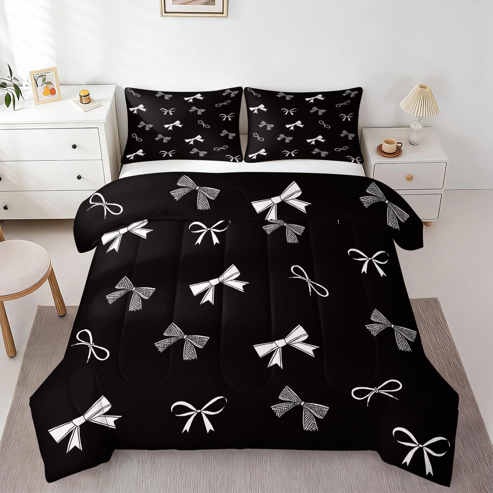 2/3Pcs Black Bow Print Comforter Set, Soft Microfiber Bedding Set with Pillowcases, Coquette Aesthetic Quilt, All Season Lightweight Digital Printed Bed Set for Girls Teens Bedroom Decor