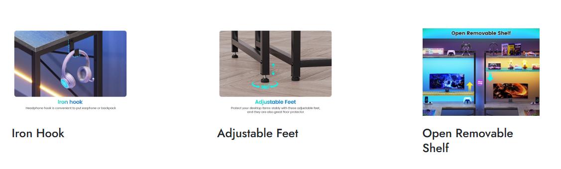 Sikaic 45.3 inches LED Reversible L Shaped Gaming Desk with Hutch Power Outlet Storage Shelves and Hooks Furniture Table Modern Ergonomic Computer Monitor Stand Dual Monitor Stand