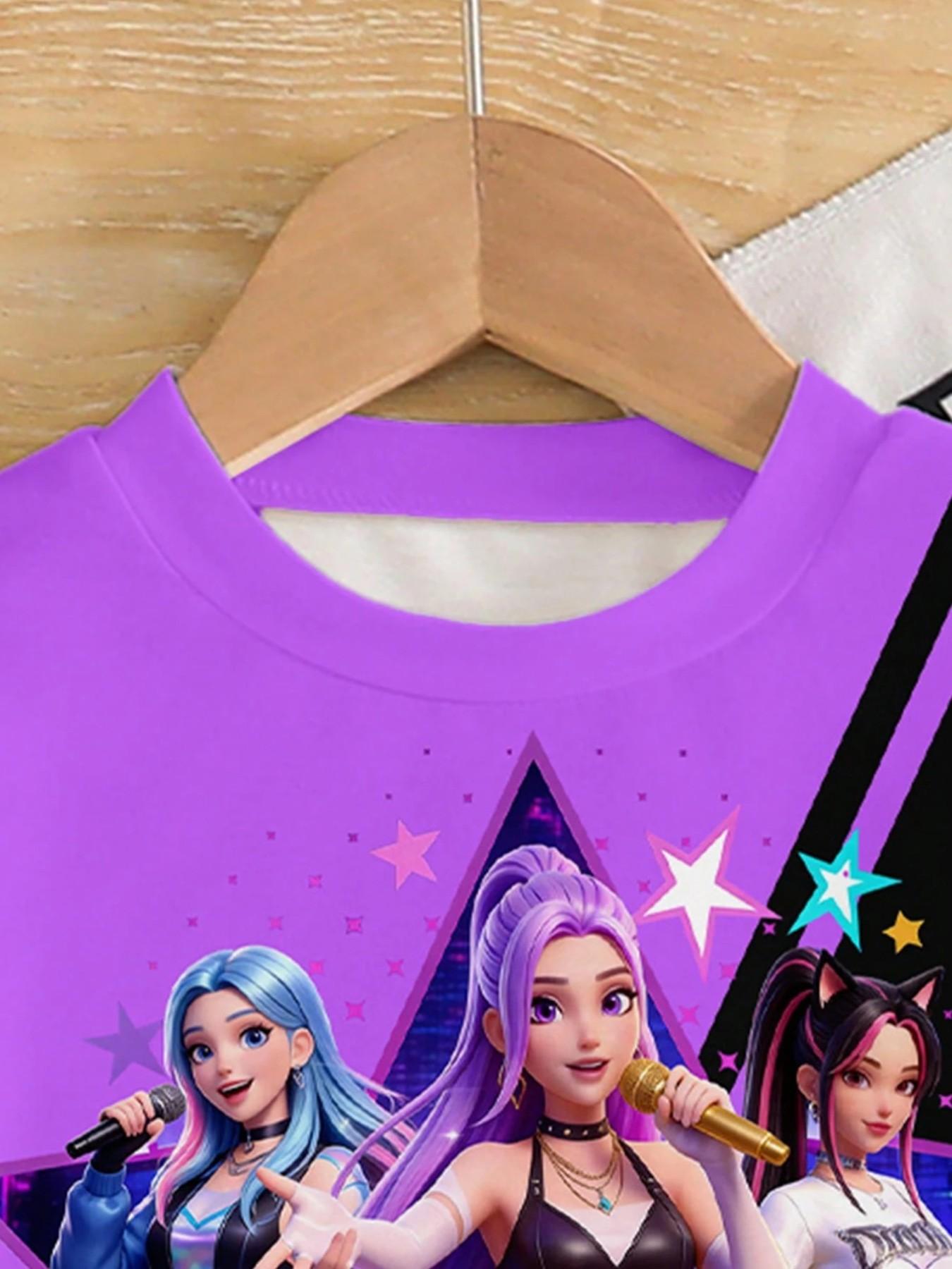 K-Pop New Star Theme Girl Two-Piece Set, Gradient Short Sleeve T-Shirt & High-Waisted Tight Fit Shorts, Casual All Seasons