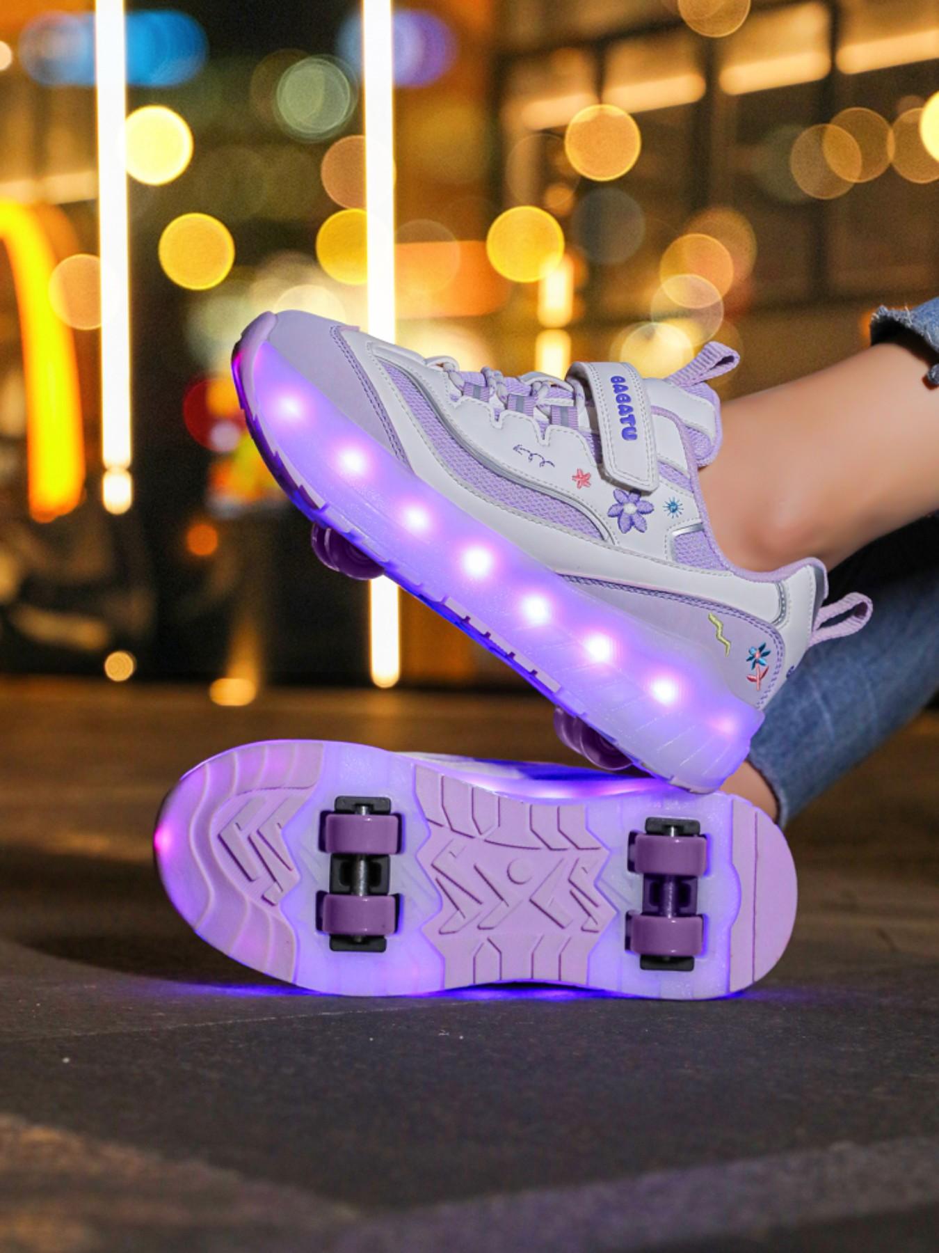 Girls' Four-Wheel Roller Skates, New Wheel Sports Shoes, Adjustable Velcro Skate Shoes, Breathable Mesh, LED Light-Up, USB Charging, Shoes with Wheels