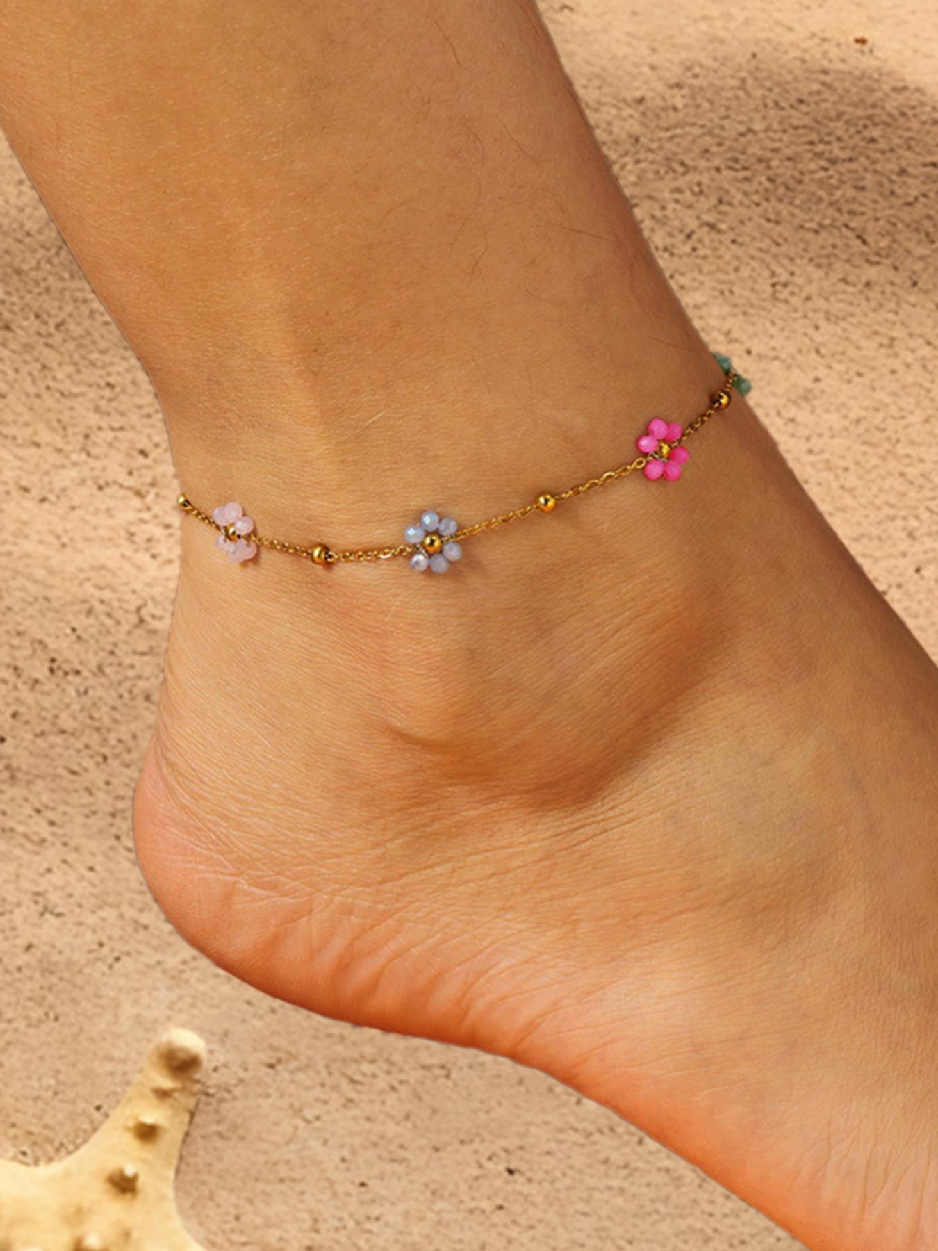 Women's Stainless Steel Anklet, Waterproof Rust-Resistant Handmade Flower Design, Summer Beach Vacation Accessory Gift (colors Random)