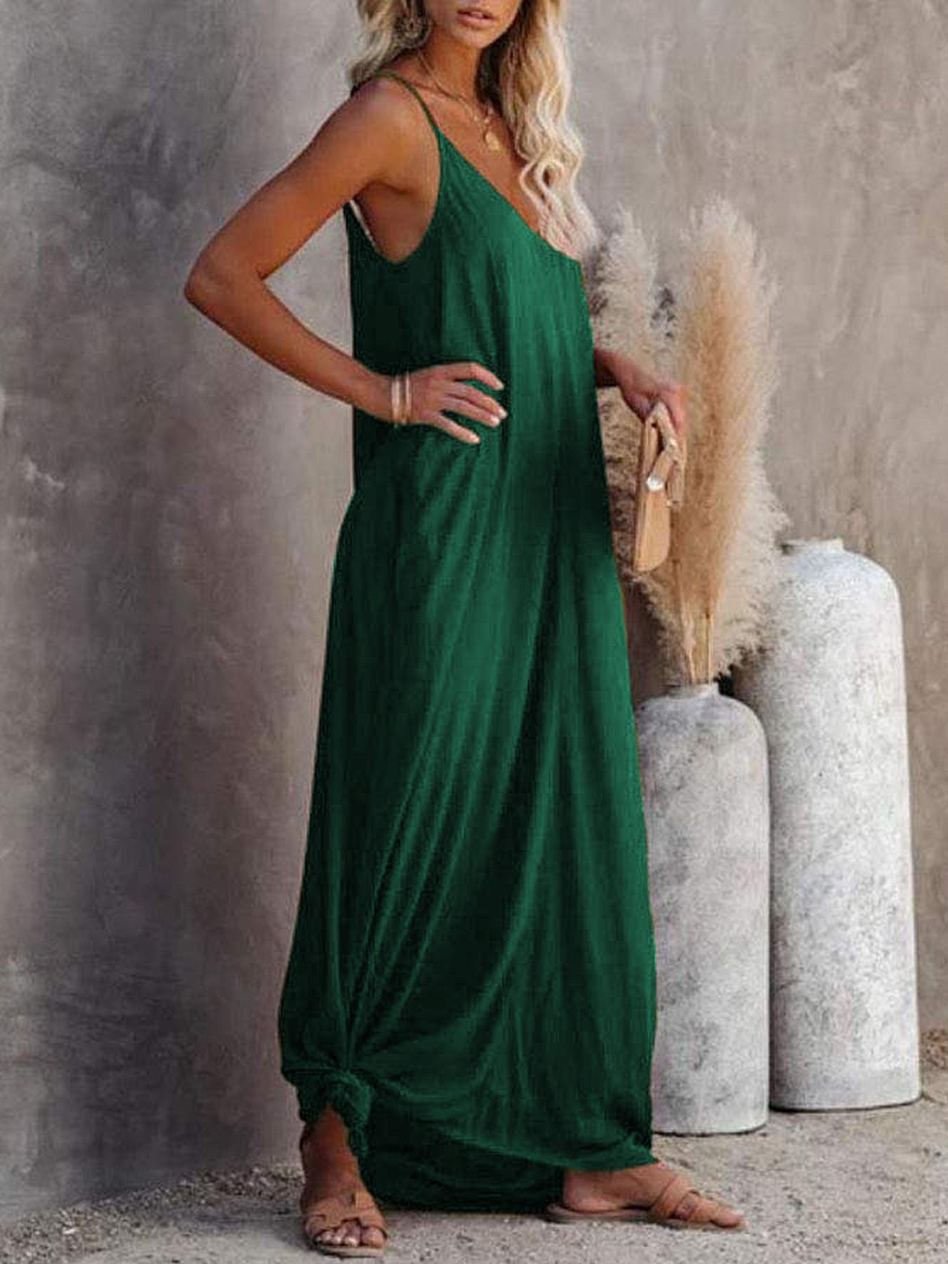 Women's Summer Casual Sleepwear Loungewear Slips Dress, Sleeveless V-Neck Long Dress with Side Pockets, Wearable Outdoors, 1 Piece Set