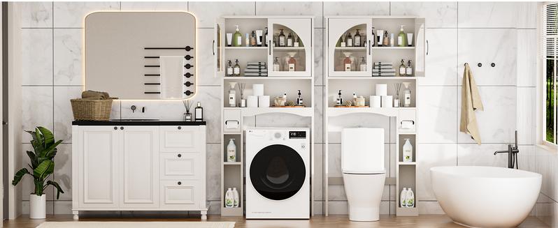 Dragosum Over The Toilet Storage Cabinet with Glass Doors & Adjustable Shelf - White Space Saver Bathroom Organizer, Above Toilet Cabinet with Anti-Tip Device for Over Washer Laundry Room