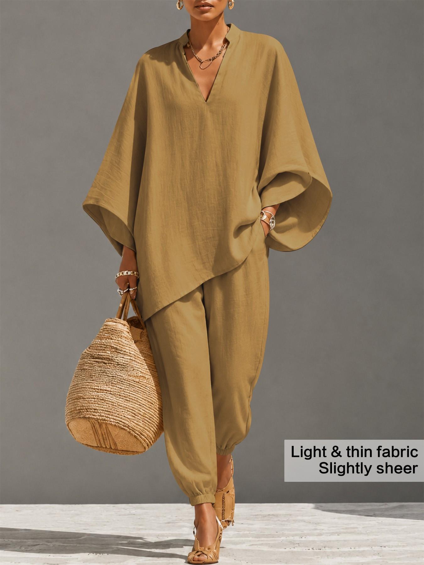 Women's Oversized Light Linen-Look 2-Piece Set, Batwing Long Sleeve Blouse Top & Drawstring Pants, Comfy Casual Style for Travel & Vacation