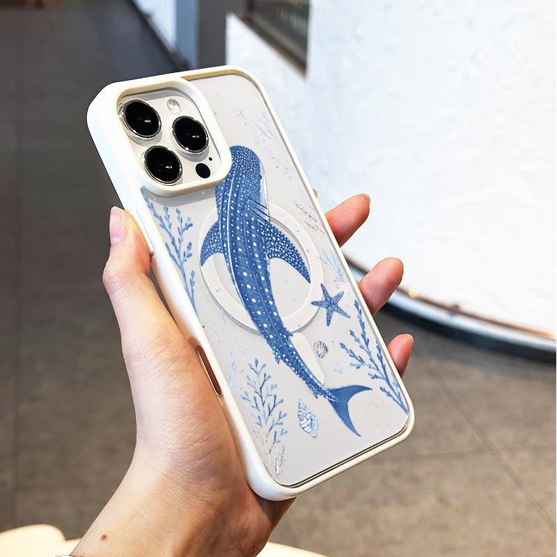 Marine Whale Shark Phone Case, Coastal Summer Aesthetic Style for iPhone 17 16 15 14 13 12 11 Plus Pro Max. Shockproof Gift for Women