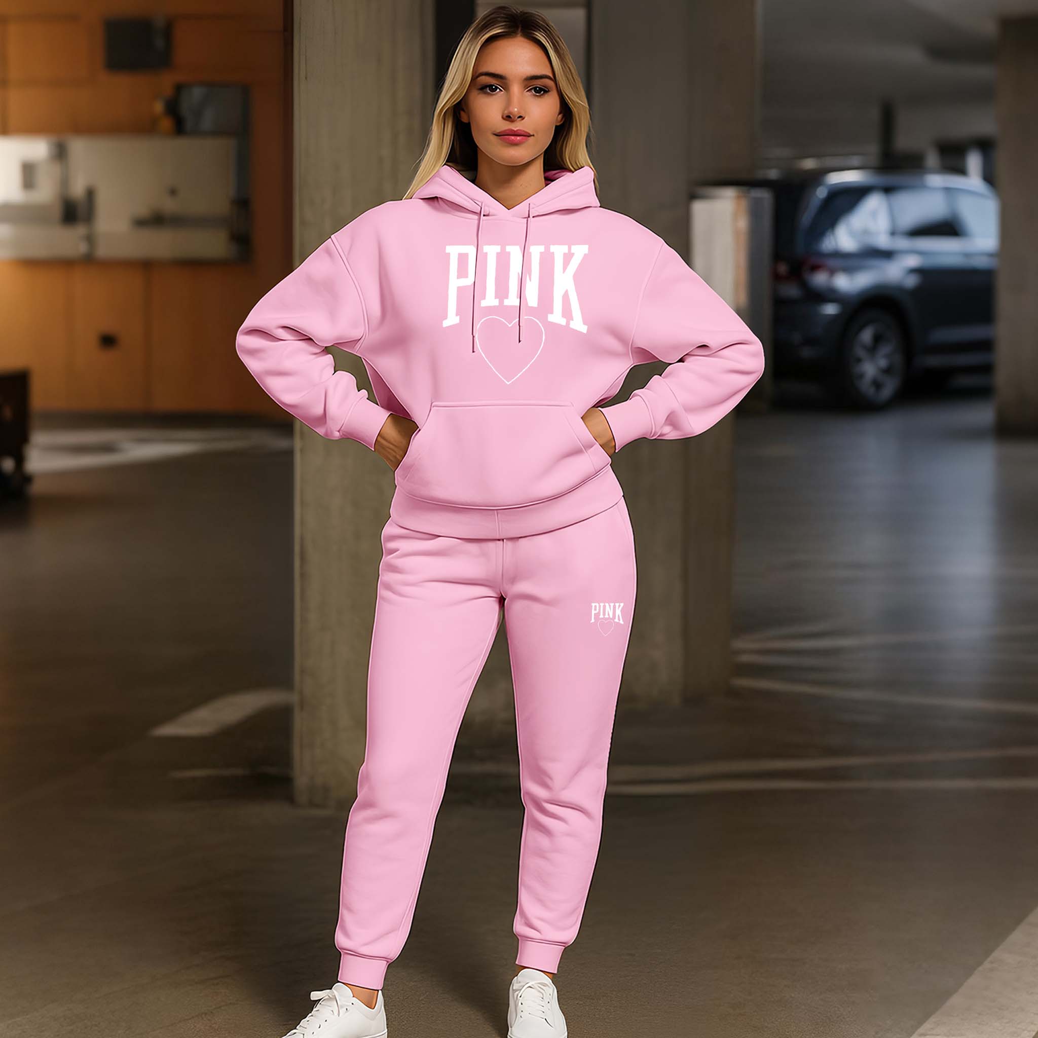 Women’s Cute Pink Heart Print Hoodie and Drawstring Sweatpants Set, Adorable Two-Piece Athleisure Outfit, Long Sleeve Hooded Jacket & Pants, Cozy Fall Winter Indoor Outdoor Casual Wear