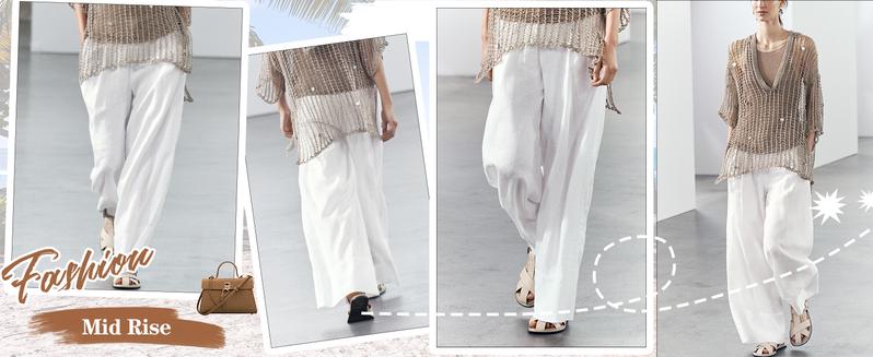 Hixiaohe Women Casual Elasticated Drawstring Waist Linen Palazzo Pants  Trendy Beach Travel Outfits Wide Leg Trousers TikTokShopBlackFriday
