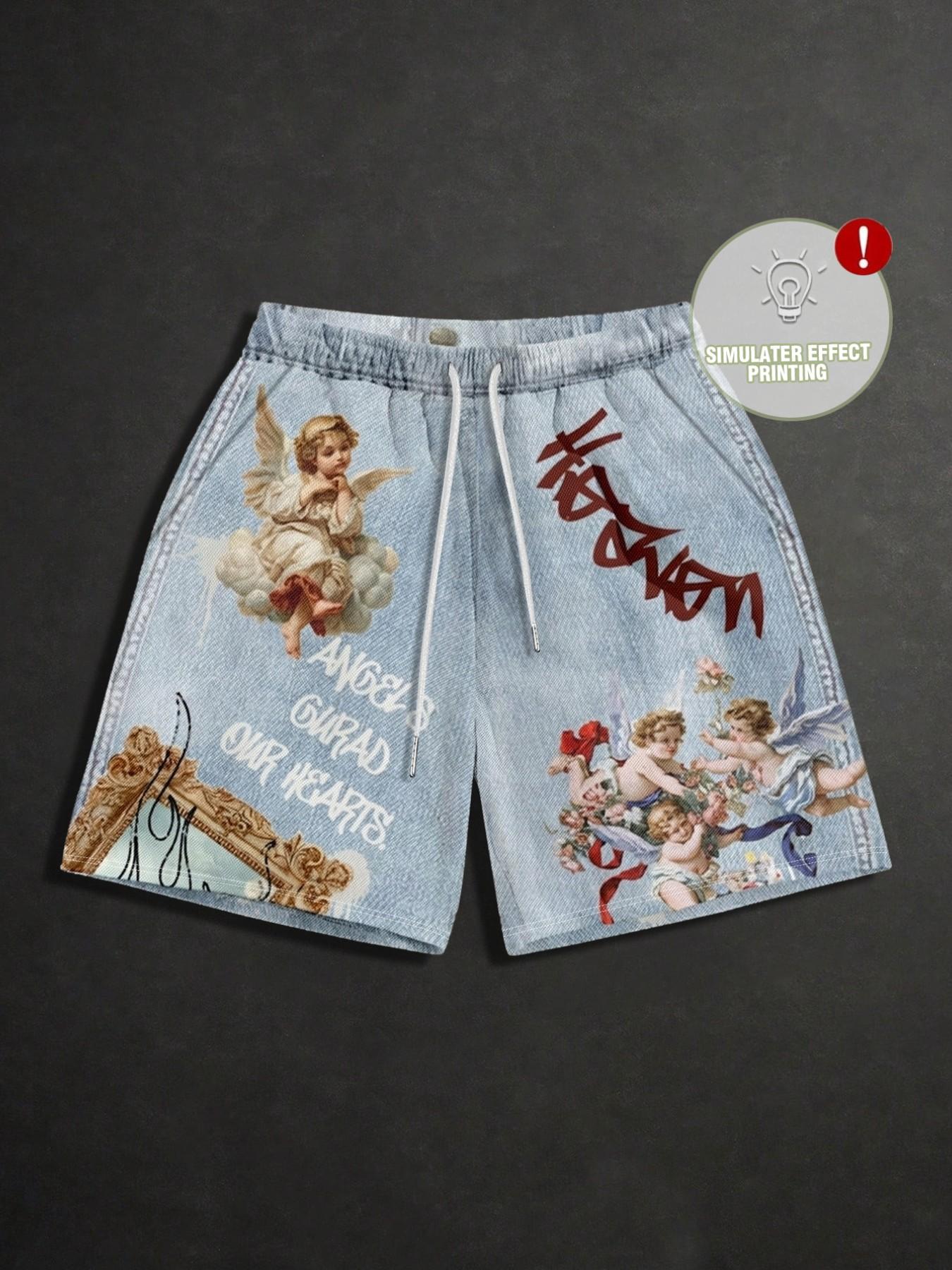 New Summer Retro Angel Print Shorts, Men's Street Graffiti Loose Fit Casual Shorts, Trendy Graphic Design for Daily Wear