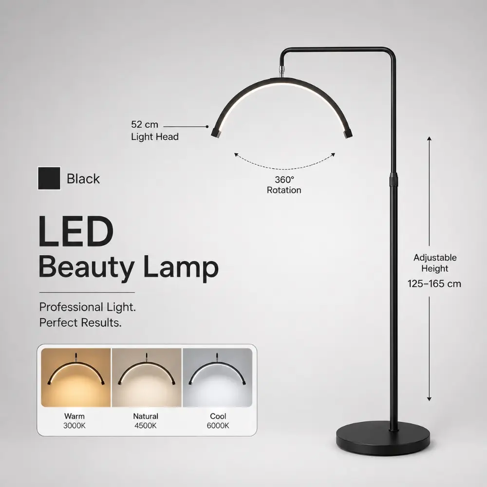 LED Half-Moon Arc Photography Lamp, ABS+PC Shadow-Free Lighting, Floor Stand for Beauty Pros Eyelash Tattoo Makeup Video Selfie Accessory, Led Lamp, Stepless Brightness