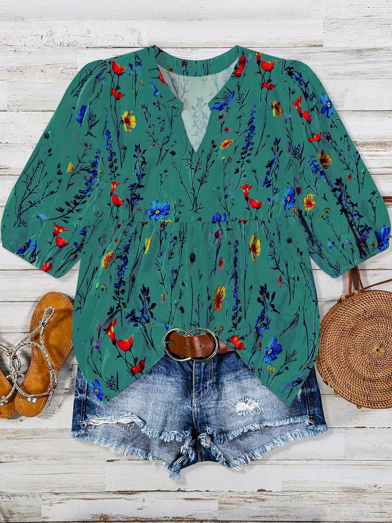 Fresh Wildflower Print V-Neck Bubble Sleeve Loose Doll Top, Casual Vacation Plus Size Shirt, Women's Fashion Blouse, Womenswear