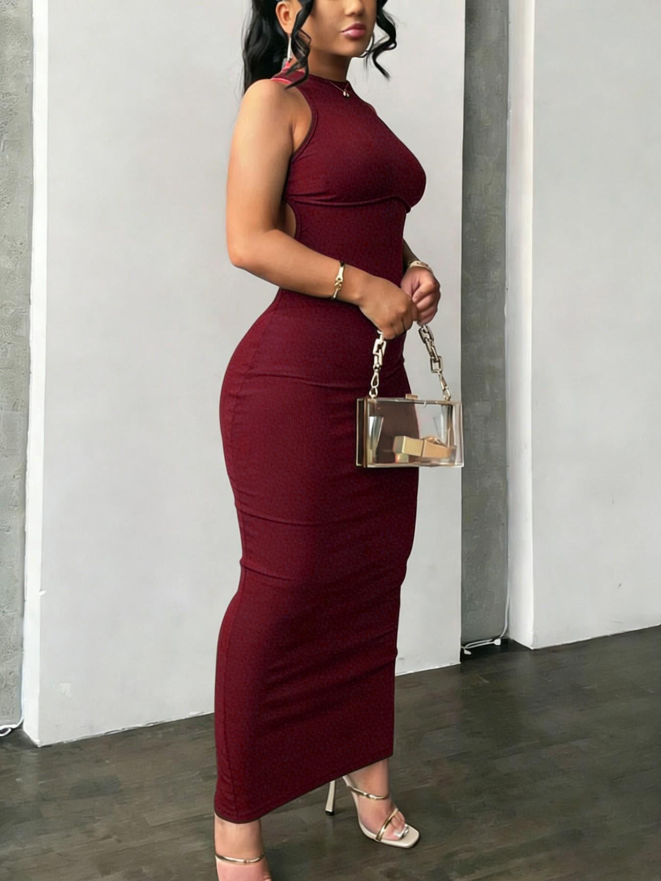 Women's Sexy Chic Off-Shoulder Midi Dress, Backless Criss Cross Design, Split Hem, High Stretch Fabric, Casual Long Sleeveless Dress