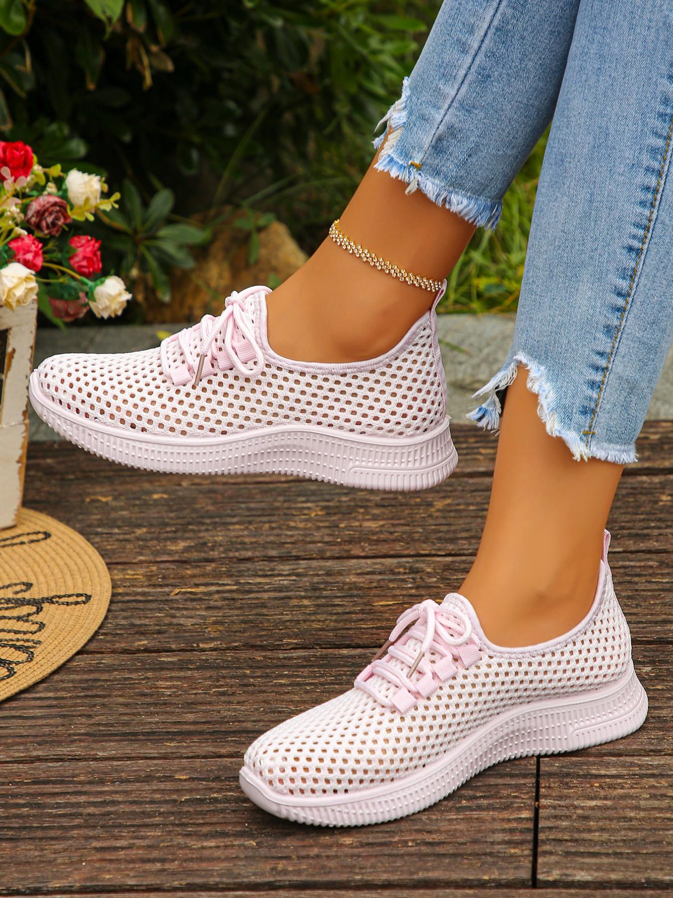 Women's Breathable Mesh Sneakers, Casual Sport Shoes with Lacing Design, Thick Sole Shock Absorption, Ideal for Spring Summer Daily Use