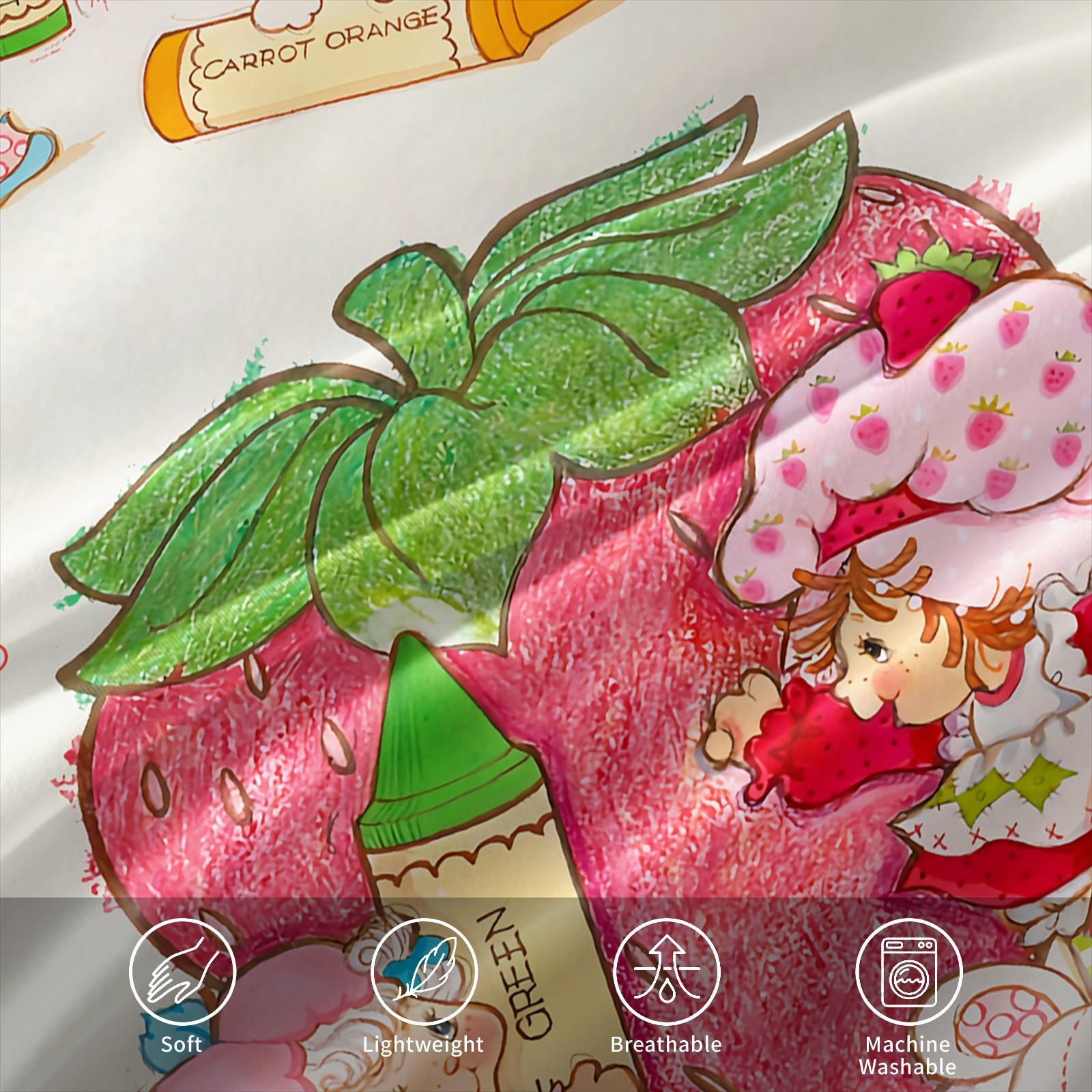 Vintage Strawberry Girl Cartoon 3-Piece Duvet Cover Set, Ultra-Soft Microfiber Bedding with 2 Pillowcases, Cute Kawaii Style Bedding for Kids Girls Bedroom Dorm Decor