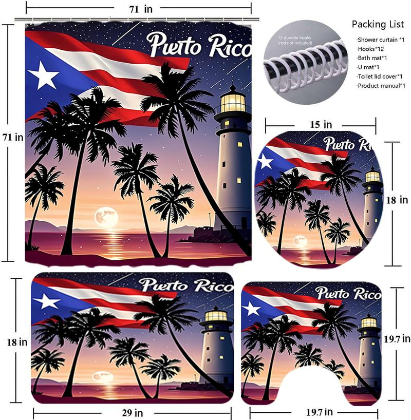 1/4 PC Puerto Rico Summer Unique Elegant Polyester Cloth With 12 Hooks Shower Curtain For Bathrooms Waterproof Quick Drying Machine Washable Home Bathroom Decor Shower Curtain Sets for Bathroom