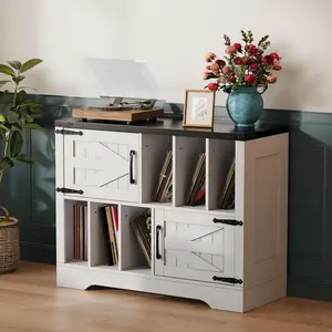 Garvee 39 Inch Large Vinyl Record Player Stand with Storage Cabinet - Holds Up to 450 Albums - Mid-Century Turntable Table with Barn Doors, Farmhouse Style for Living Room or Bedroom - White