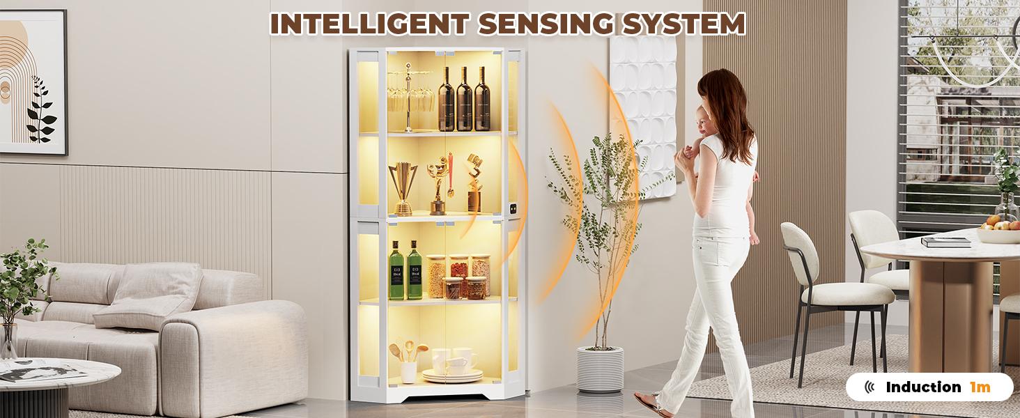 MIIFUNY Corner Display Cabinet with Glass Doors, 65" Lighted Curio Display Case with 3 Color Lights for Collectibles, 4-Tier Bookcase with Human Body Sensor for Living Room, White