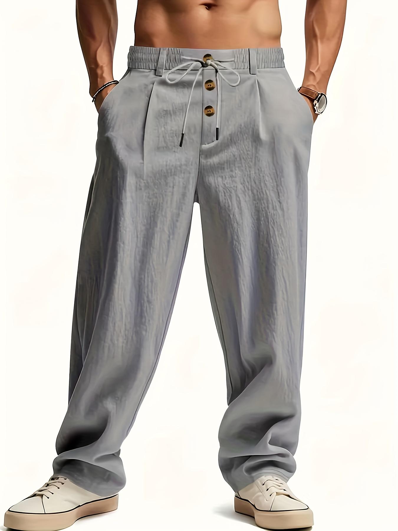 3 pieces of men's summer plain-color simple linen casual straight-leg trousers, Casual Solid Drawstring, beach-friendly lightweight breathable linen trousers, suitable for daily commuting and outdoor activities, vacations, beaches, Casual Fashion Pockets