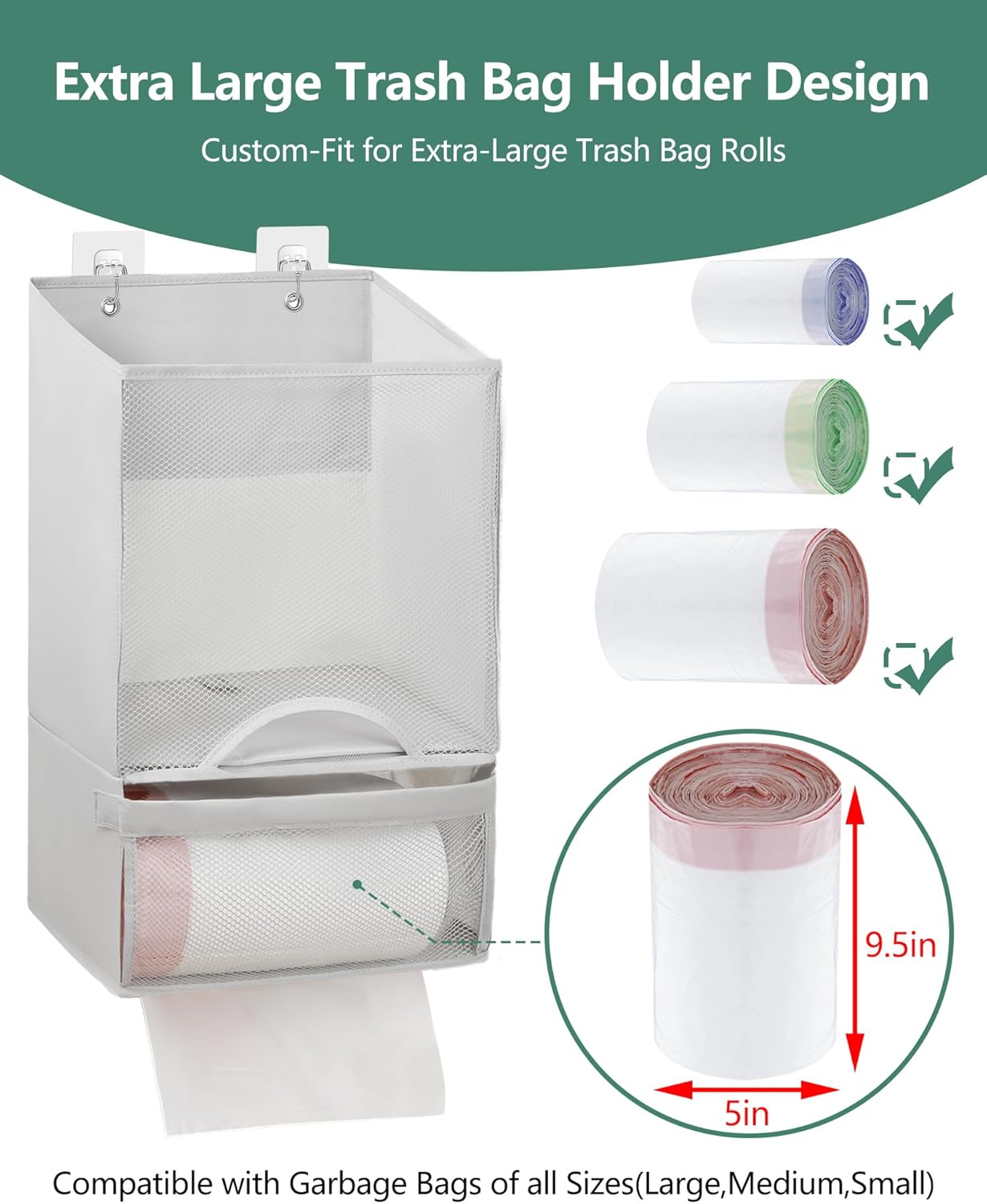 Extra Large 2-in-1 Plastic Mesh Cover Bag Holder Storage, Durable Pull Down Hanging Trash Dispenser Roll Organizer, Single Unit for Home Kitchen Daily Use (Deep Grey), Trash Holding