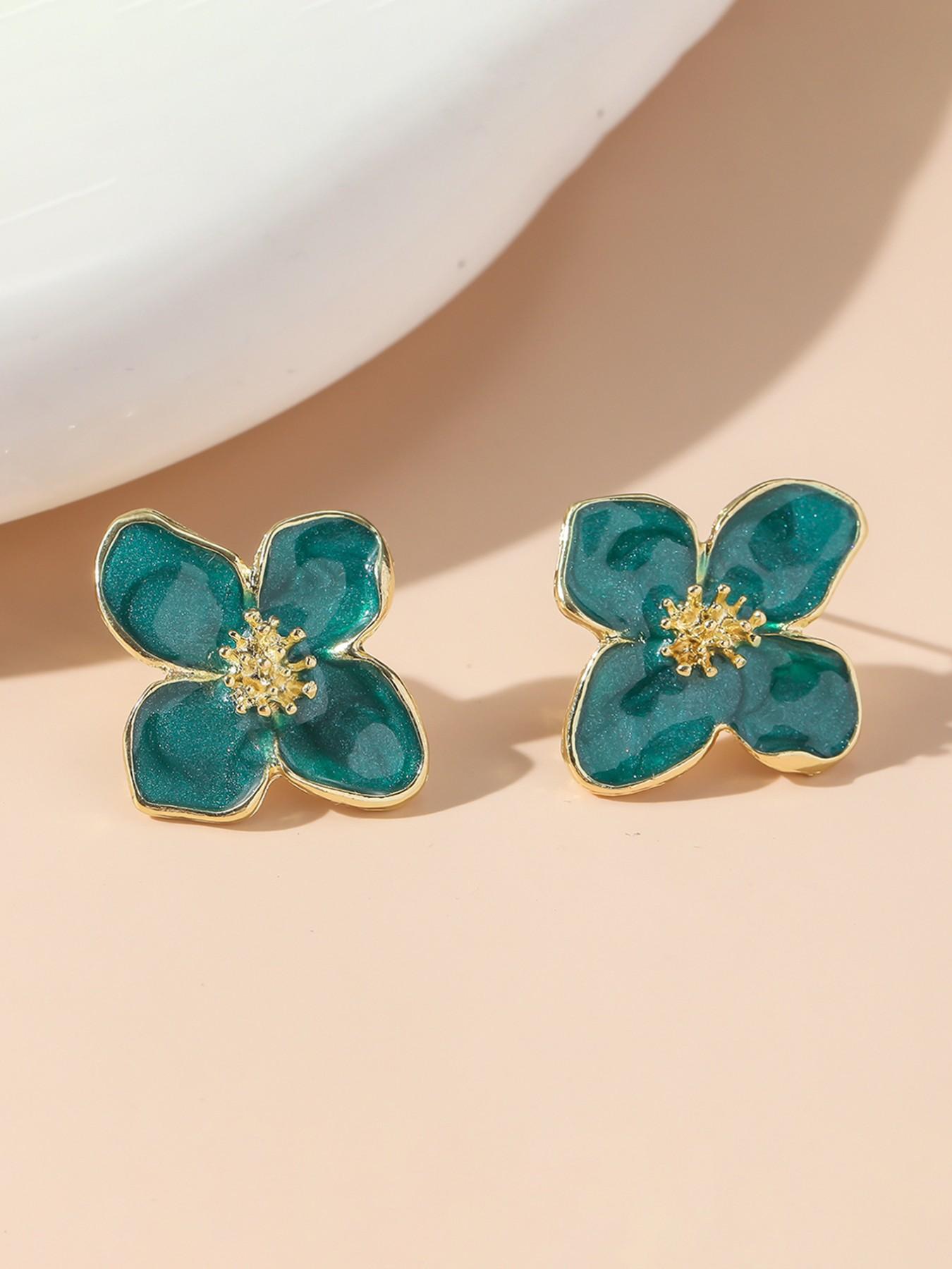 Drop Oil Metal Petal Stud Earrings, Elegant Floral Pattern, Alloy Material, All Seasons Jewelry for Women, Evening Event Accessories