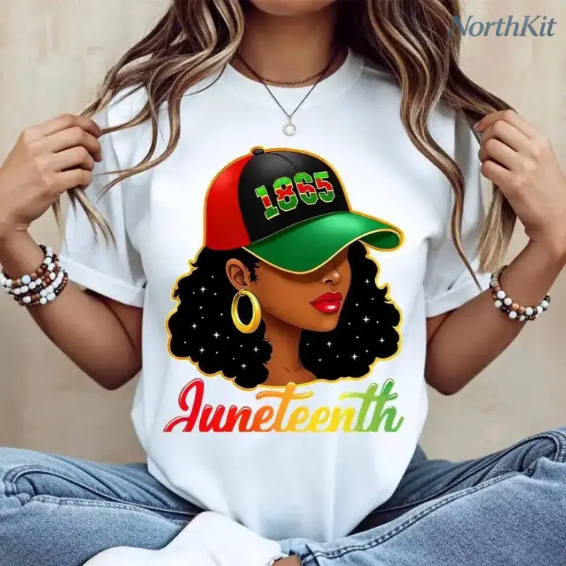 Women's Short-Sleeve Lightweight Loose-Fitting Tee - 1865 Juneteenth Black Figure With Hat And Stars Print, Round Neck, All Seasons, Machine Washable, Dry In Shade, Stay Fresh Gym Casual Top, Cotton