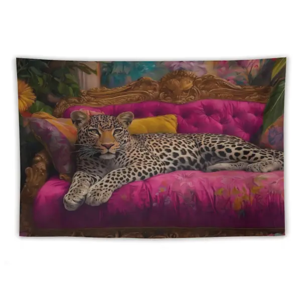 Leopard and Black Panther In a Vintage Couch Print Tapestry Funny Cheetah Aesthetic Tapestries Maximalist Jungle Animals Wall Hanging for Bedroom Living Room Wall Deco40x60inch