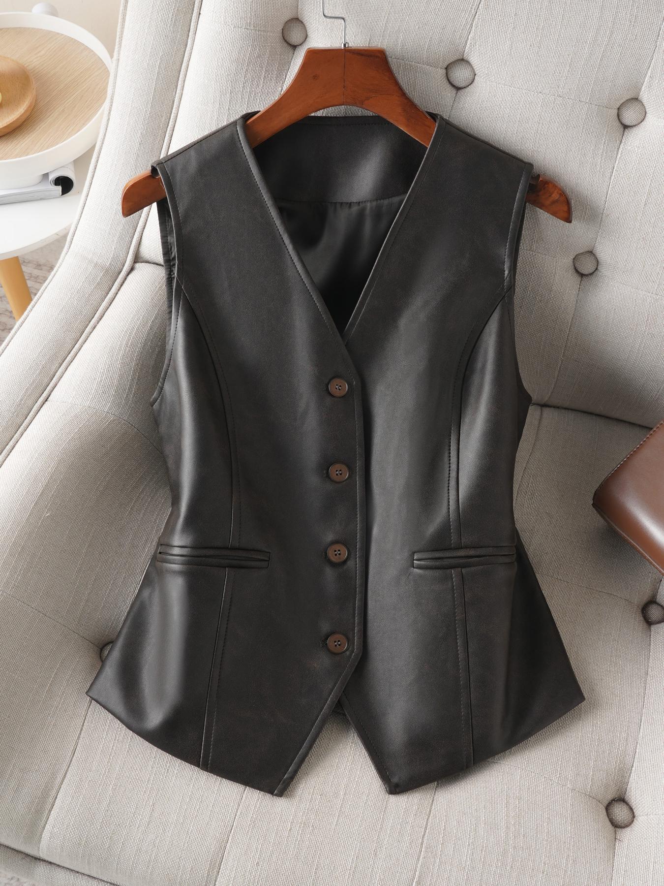 Women's Solid Color Button Front Pu Leather Vest, Fashion Casual V Neck Outerwear for Work Office Business, Ladies Spring & Fall Clothes