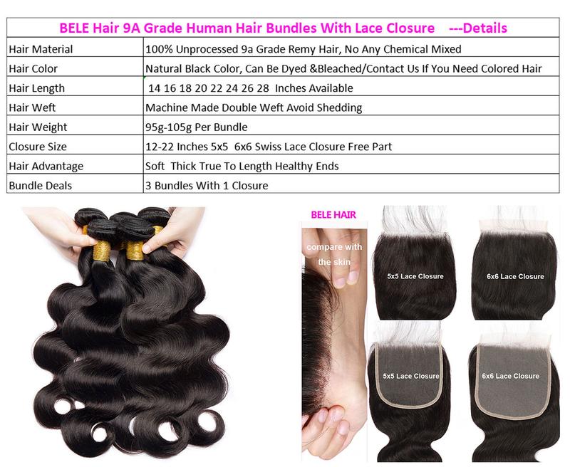 BELE HAIR 6x6 Lace Closure With Bundles For Quick Weave Hairstyle Body Wave Bundles With 5x5 Transaprent Lace Closure Brazilian Hair Bundles With Lace Closure Natural Black Color For Women  Unprocessed Weave Bundles Extension With Swiss Lace Closures