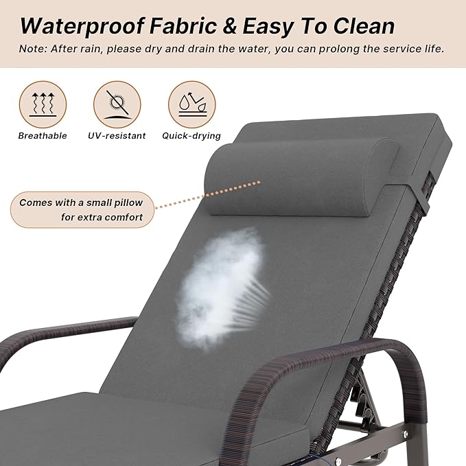 Kullavik Lounge Chair for Outside,3 Pieces Chaise Lounge Outdoor Folding Pool Lounge Chairs（with/without rattan arms）Including Table Rattan Patio Furniture Set