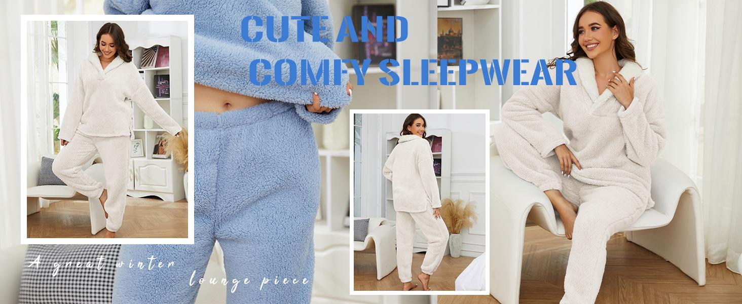 SCUSTY Christmas Suits Womens Fluffy Pajamas Set Soft Fleece Pullover Pants Loose Plush Sleepwear Loungewear Set