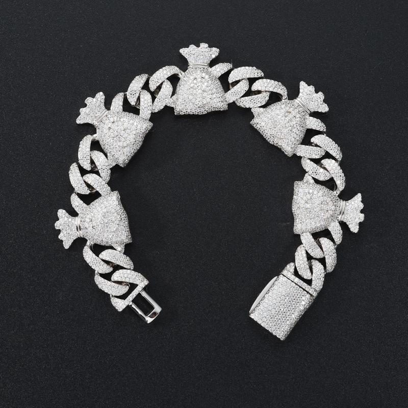 【#B315】Money Bag Charm Iced Out Cuban Link Bracelet UCCIYO Sparkling Synthetic Moissanite Chain Bracelet S925 Sterling Silver