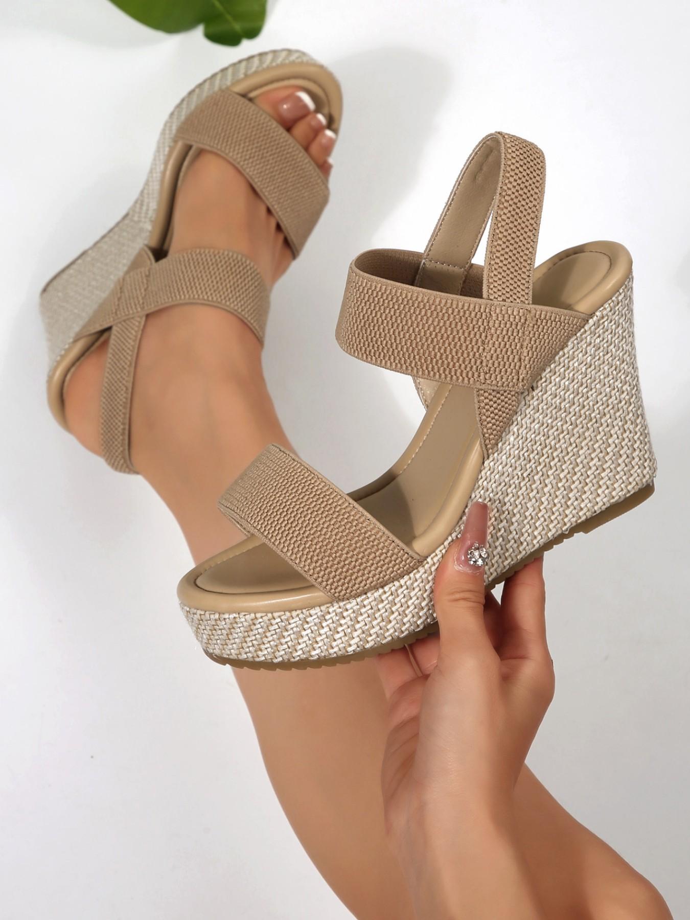 Women's Summer Wedge Sandals, Velcro Strap Textile Upper, Rubber Sole, Cross-Strap Open-Toe Thick Bottom Shoes, Vacation Casual Style