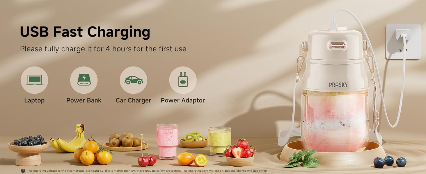 Prasky Portable Blender, Type-C Rechargeable blender, Mini Blender, Personal Blender for Fresh Juice, Smoothies & Protein Shakes with Extra Lid and Shoulder Strap, Dishwasher Safe Parts, Ideal for Gym/Travel/Kitchen/School/Driving outdoorfun