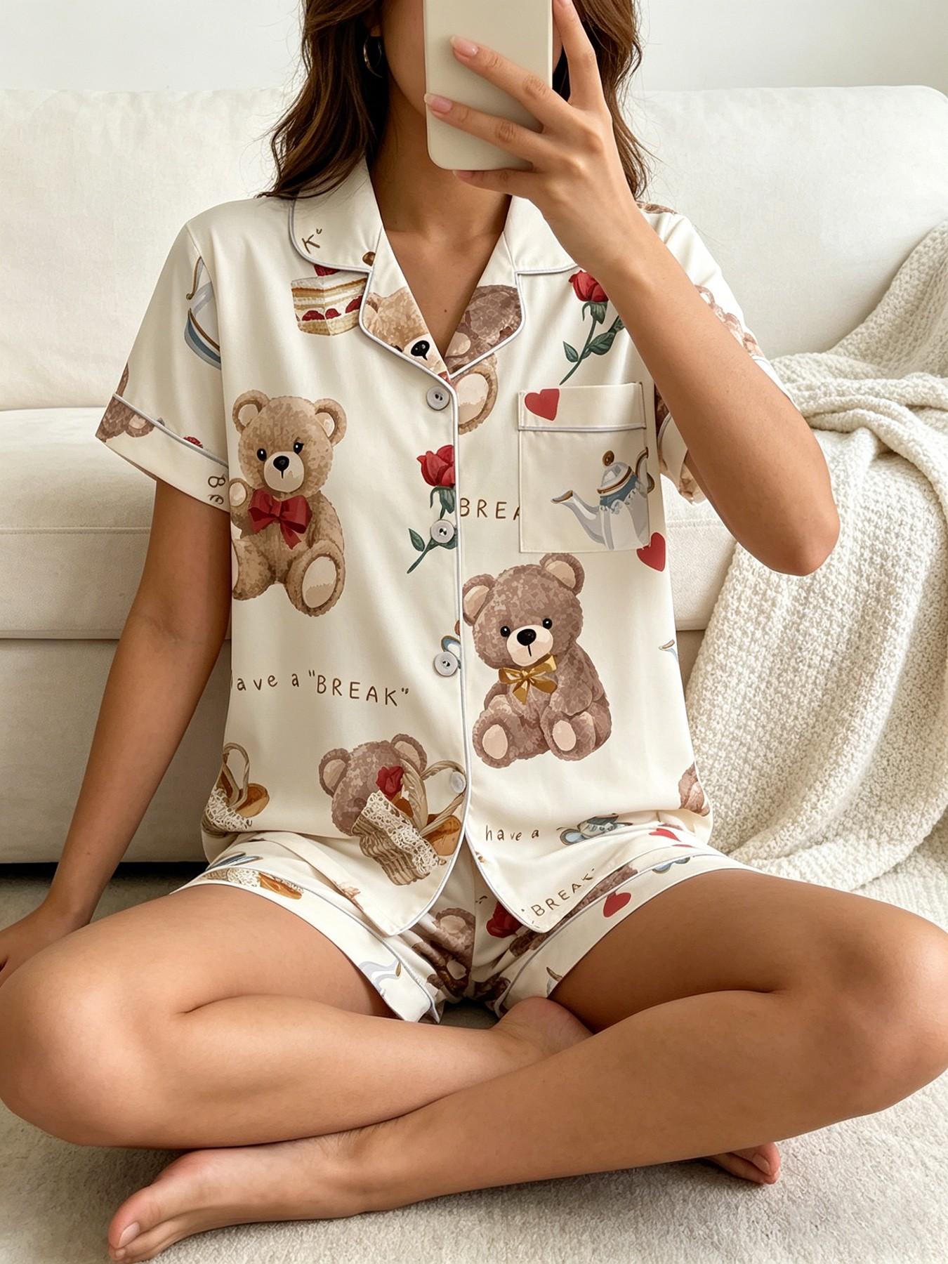 Women's Short Sleeve Button Down Top and Shorts Pajama Set, Spring Summer Wear, For French Romantic Lovers, White Base Rose Teddy Bear Print, Classic Lapel Collar, Loose Fit, Comfortable For Home & Travel