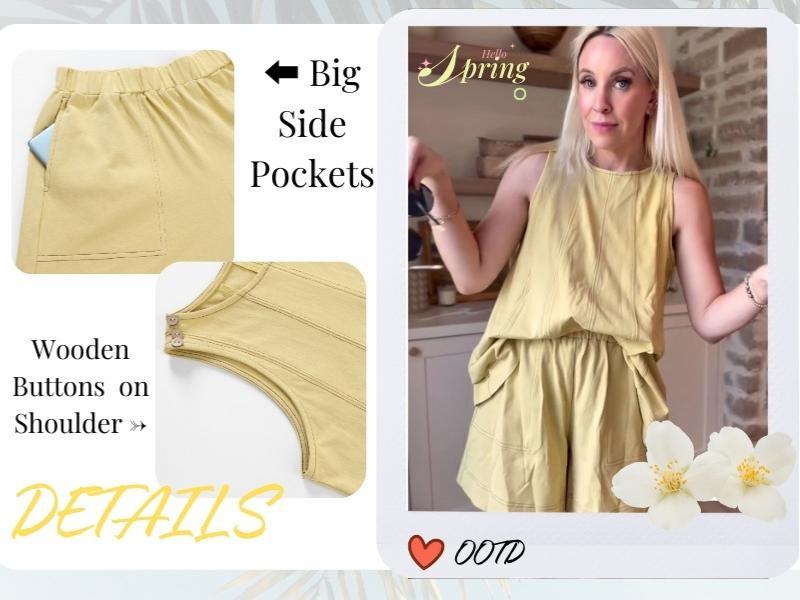 Ommig Womens 2 Piece Outfits Sleeveless Matching Sets A Line Tank Tops Contrast Stitching High Waist Shorts with Pockets