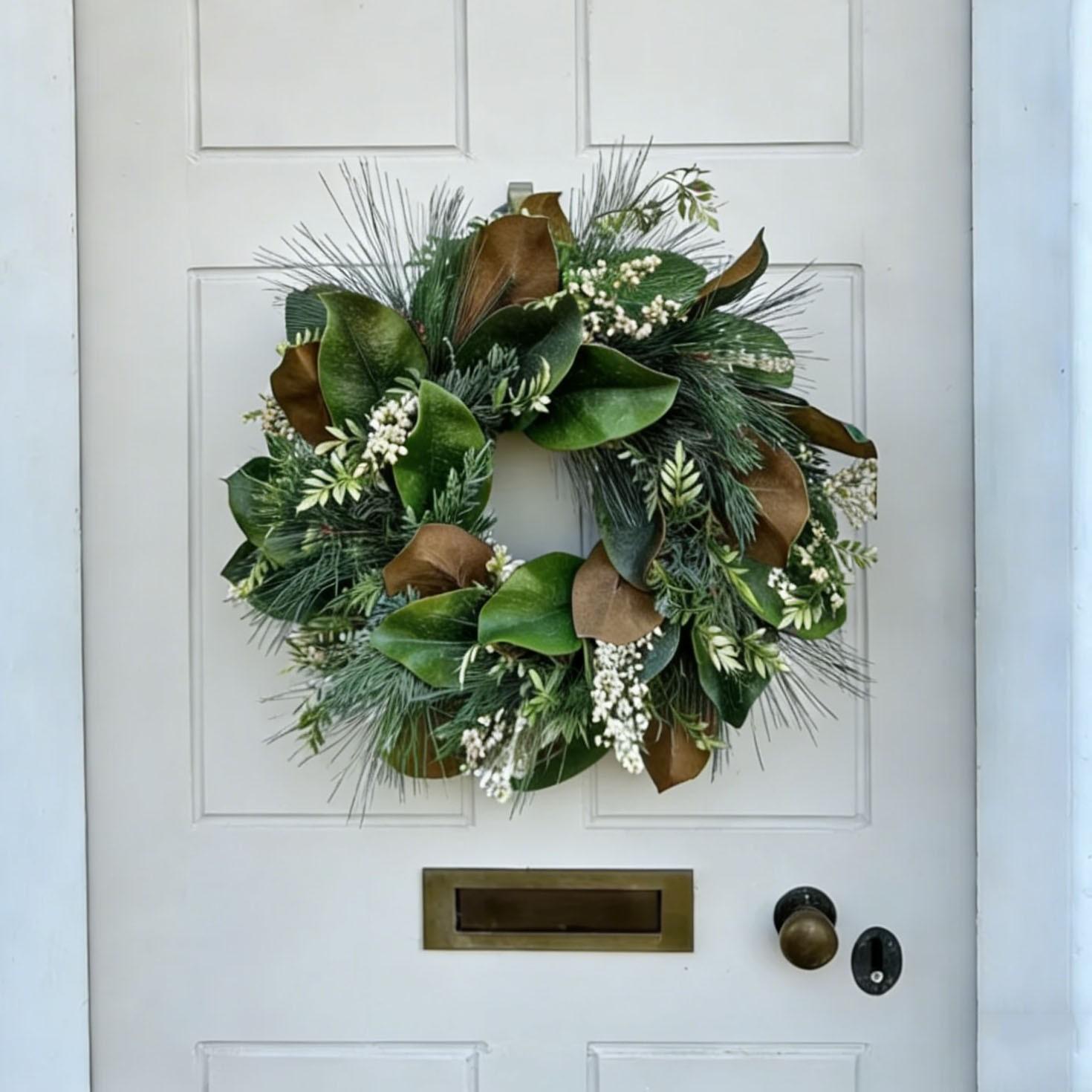 Realistic Magnolia Leaf Front Door Wreath, Summer Greenery Wreath with Pine Needles & Berries, Fall Thanksgiving Decor, All-Season Door Hanger