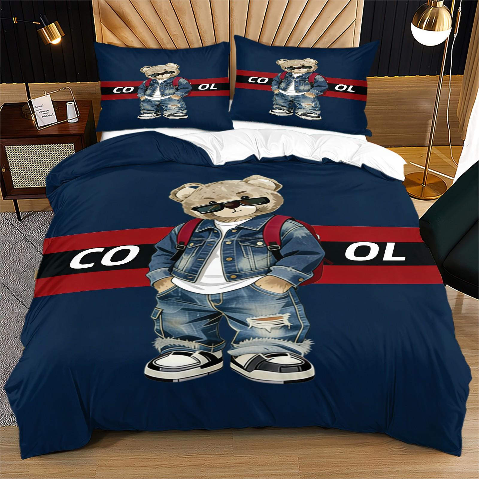 Trendy Bear Print Quilt Cover Set, includes 1 quilt cover and 1 or 2 pillowcases, does not include quilt or pillow inserts, suitable for bedroom or dormitory bedding sets, ideal for gifting or personal use