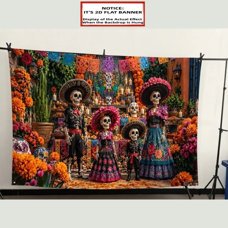 2D Flat, 1pc banner Mexican Day of the Dead Banner Backdrop with Skeleton Figurines & Marigold Flowers-Vibrant Suitable for Themed Parties, Dia De Los Muertos Decorations, Indoor, Outdoor Wall Hanging, Photo Shoot Background, No P