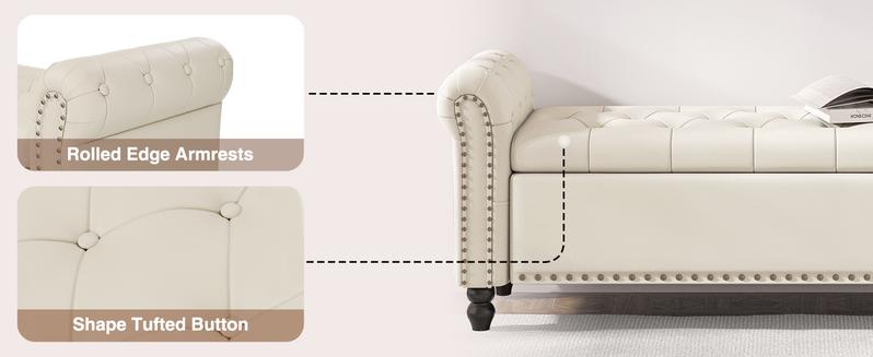 Vabches Bedroom Bench, End of Bed Bench with Storage, Bed Benches for Foot of Bed, Faux Leather Window Bench with Rolled Arms, Upholstered Storage Bench with Tufted Button and Nailhead Trim