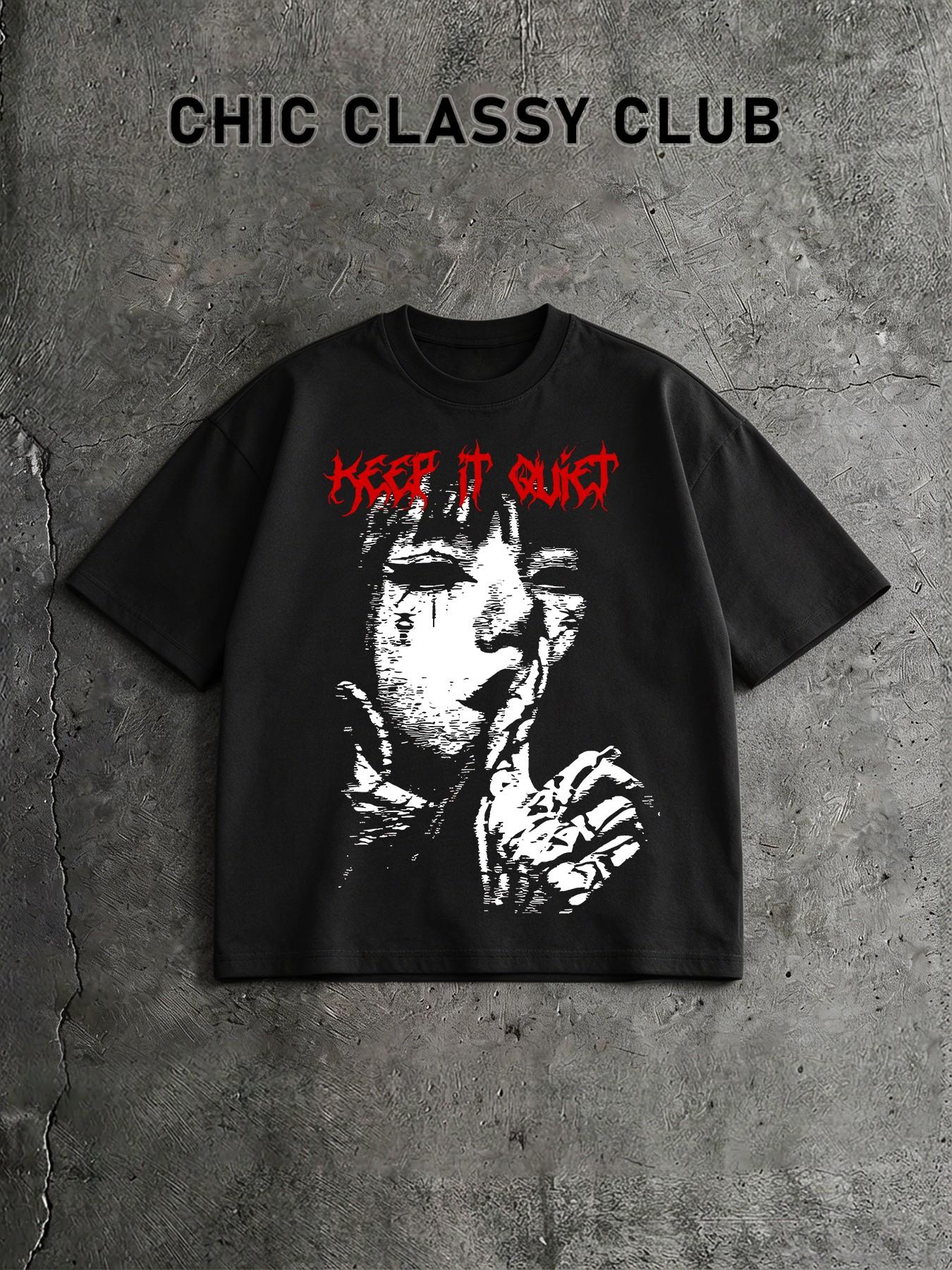 Dark Style Keep It Quiet Metal Letter T-Shirt, Men's American Hip-Hop Oversize Loose Short Sleeve, Trendy Personality Portrait Top