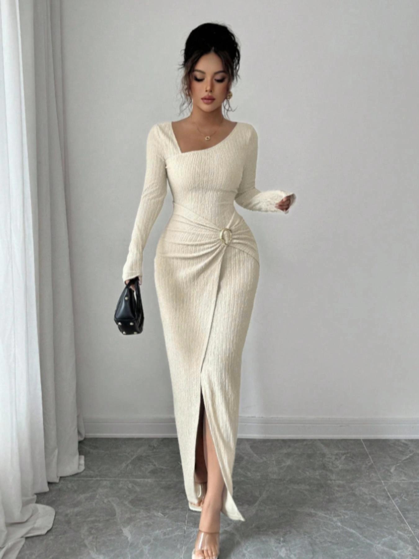 Women's Fashion Solid Color Twisted Long Dress, Asymmetrical-Neck Knitted Texture Bodycon Slit Design Dress, Classy Modest Fall Winter Women Clothes