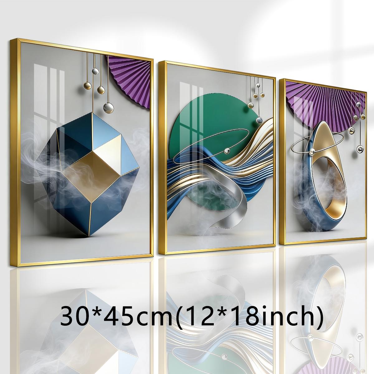 3 Counts Aluminum Alloy Framed Painting, Geometric Abstract Metallic Shapes And Smoke Art Pictures, Home Decoration For Living Room, Bedroom, Office, Restaurant, Hallway Wall Decor, Odorless Print Artwork, Luxury Perfect Gift For Friends And Family